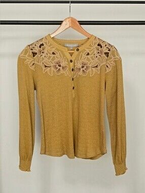 Daniel Rainn Mustard Embroidered Lace Yoke Long Sleeve Top